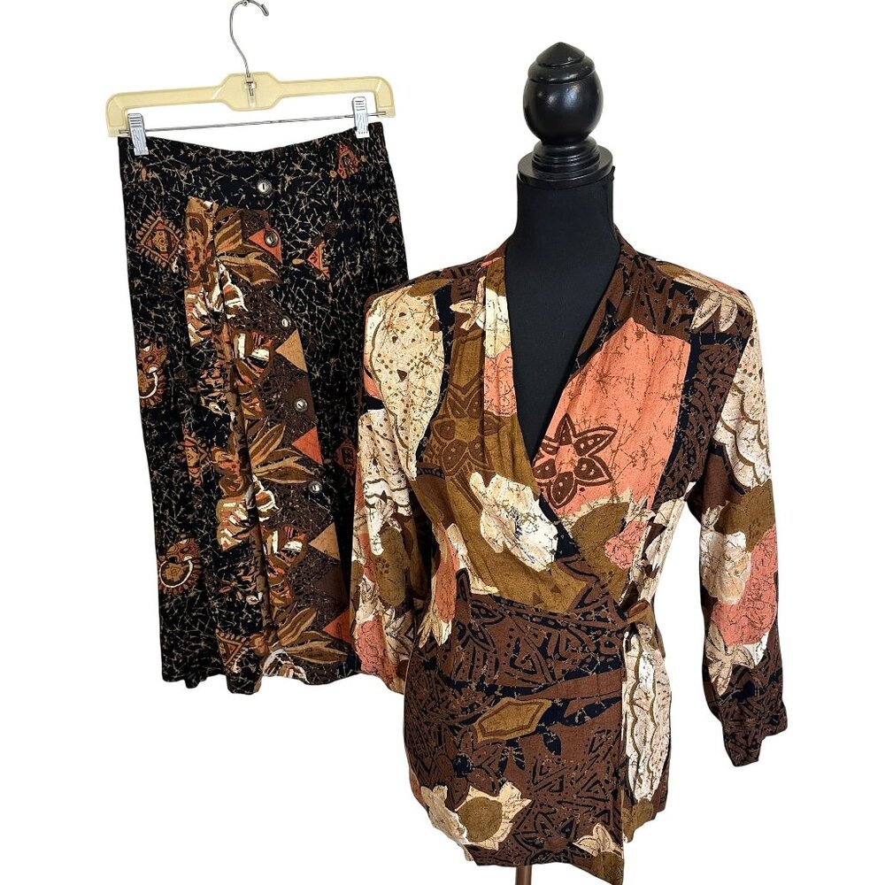 Vtg Womens Brown Skirt Set Wrap Top Full Button Midi Skirt Medium 6/8 90s Rayon
